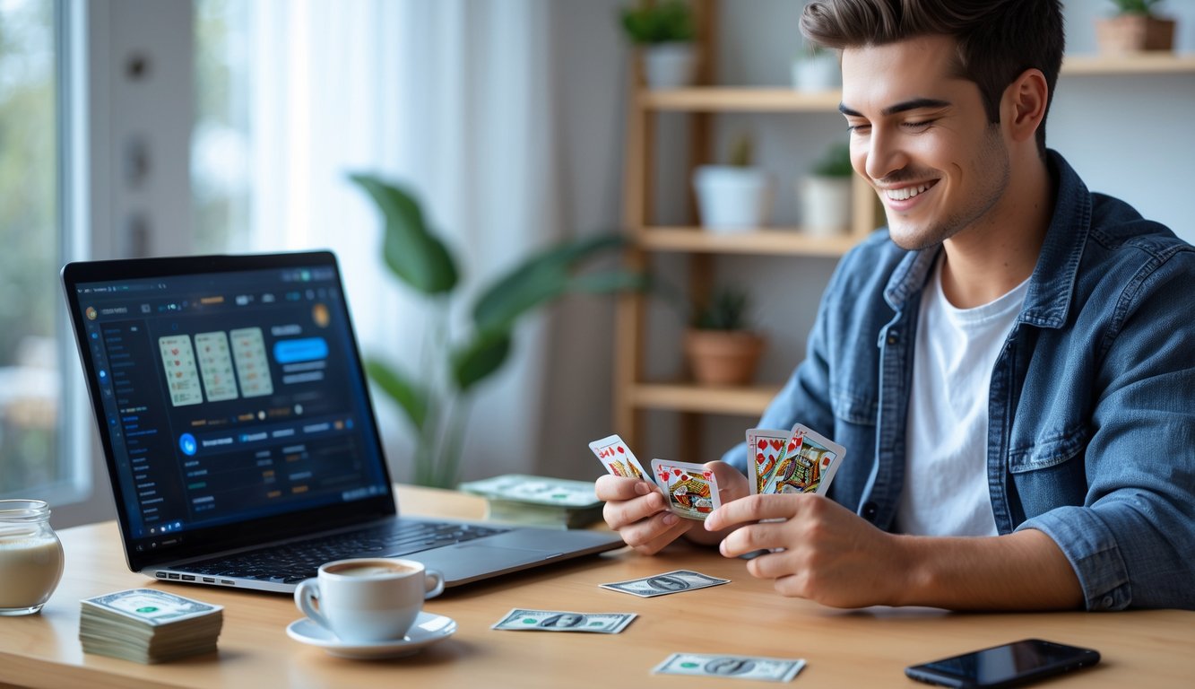 Seorang dewasa muda tersenyum sambil bermain kartu online di laptop di ruang kerja rumah yang nyaman dengan tumpukan uang kecil di meja.