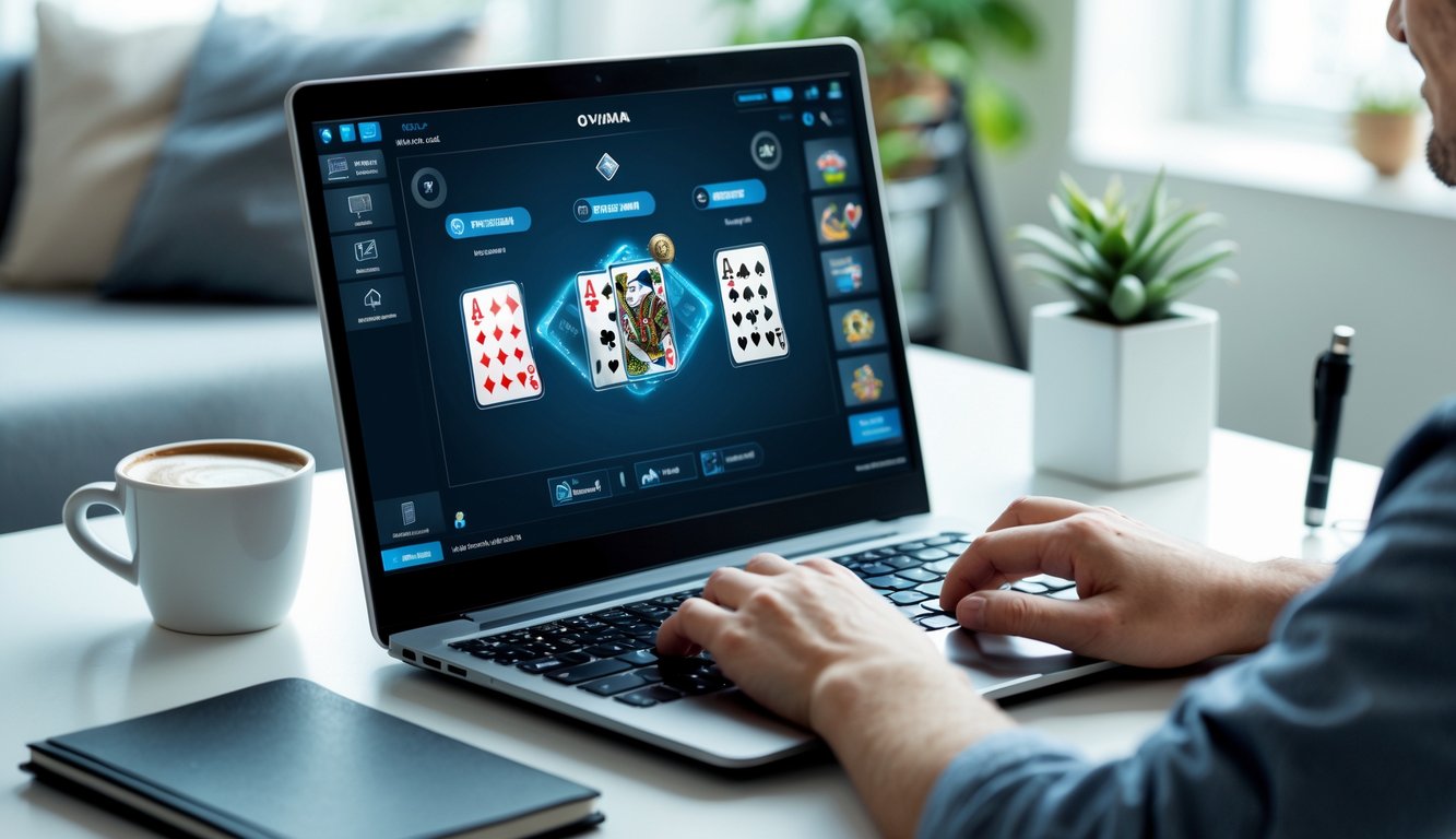 Seseorang sedang bermain permainan kartu online di laptop di meja kerja dengan suasana nyaman dan pencahayaan alami.