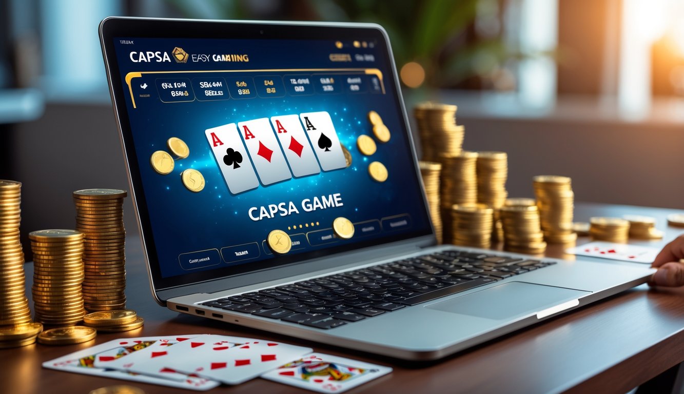 Seorang pemain sedang menggunakan laptop dengan tampilan permainan Capsa online, di meja terdapat tumpukan chip poker dan kartu remi.
