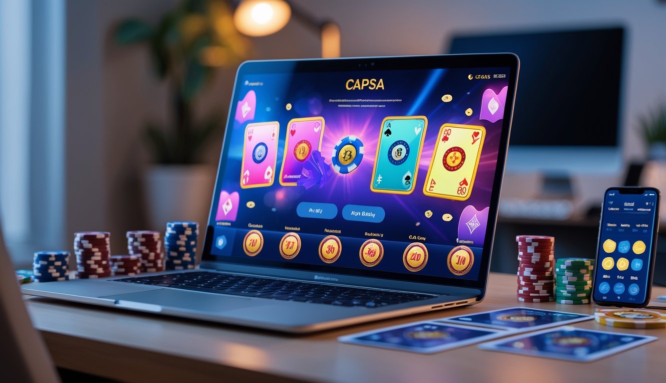 Seorang pemain judi Capsa online menggunakan laptop dengan kartu dan chip poker di meja yang rapi.