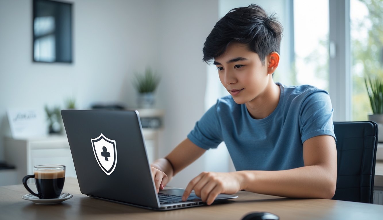 Seseorang sedang bermain kartu online di laptop di ruang kerja yang rapi dan terang.