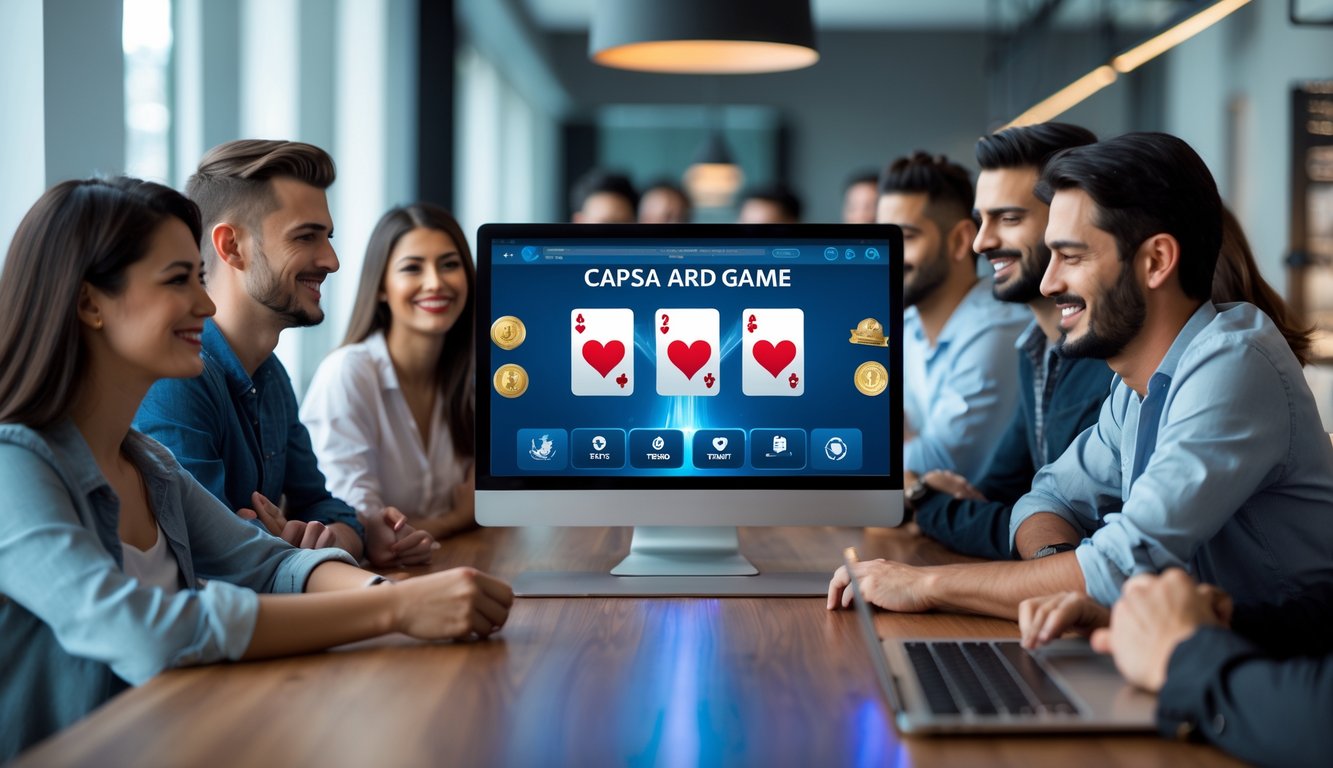 Orang-orang bermain permainan kartu Capsa online di depan laptop dalam suasana yang aman dan menyenangkan.