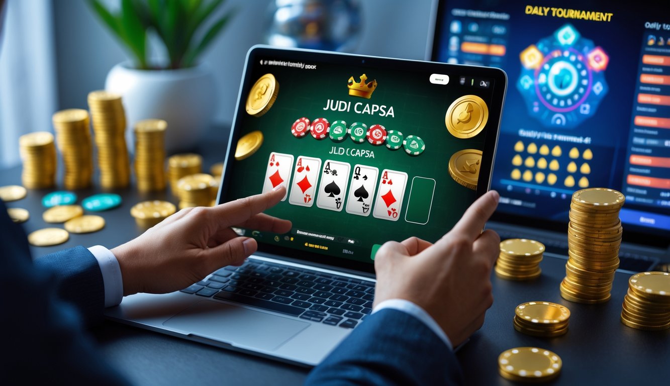Seseorang bermain judi capsa online di laptop dengan tumpukan chip poker dan koin emas di sekitar, menunjukkan suasana permainan dan turnamen harian.