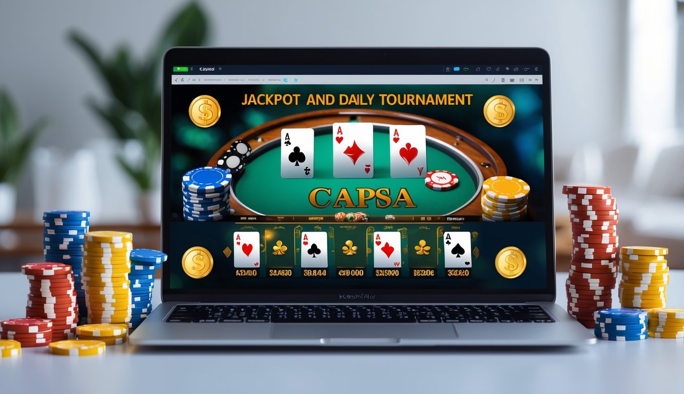 Seorang pengguna bermain judi Capsa online di komputer dengan kartu dan chip di meja, menunjukkan suasana permainan dan turnamen harian.