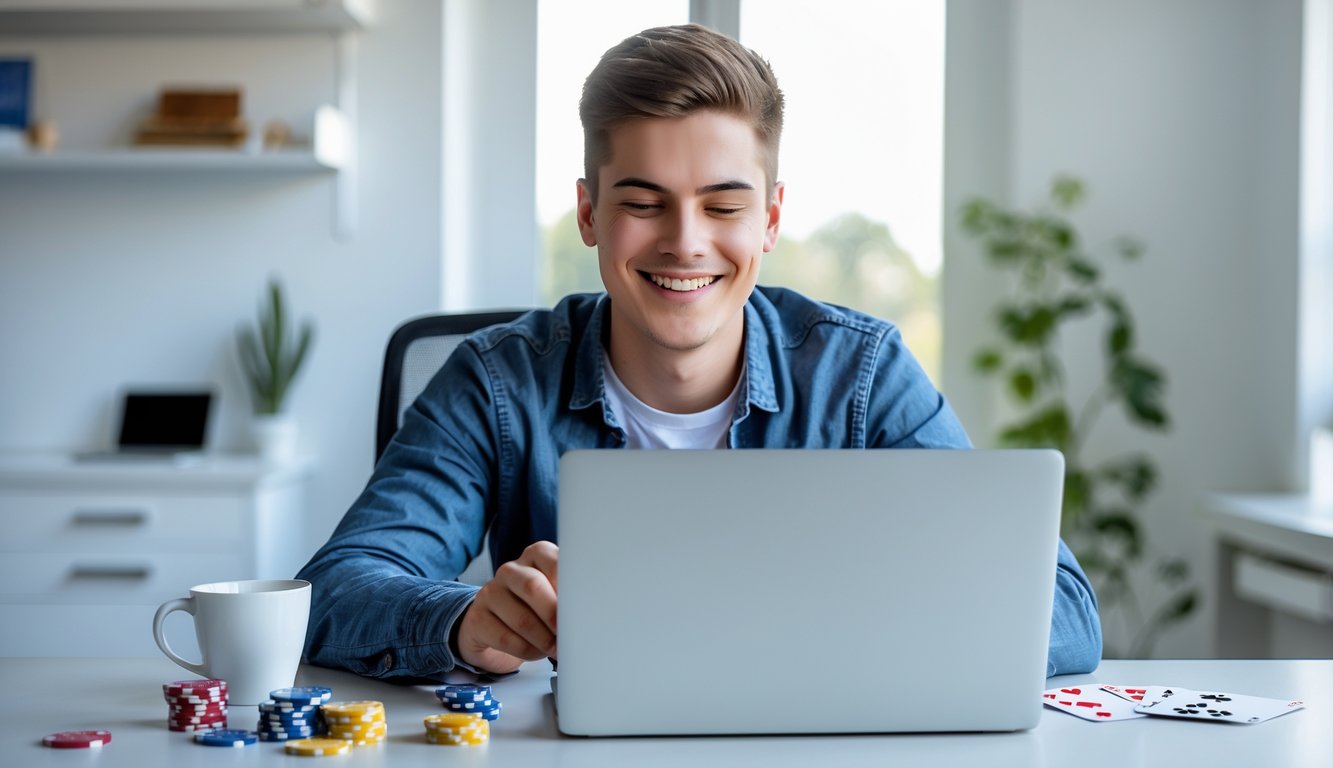 Seseorang duduk di meja dengan laptop bermain permainan kartu online, terlihat fokus dan tersenyum.