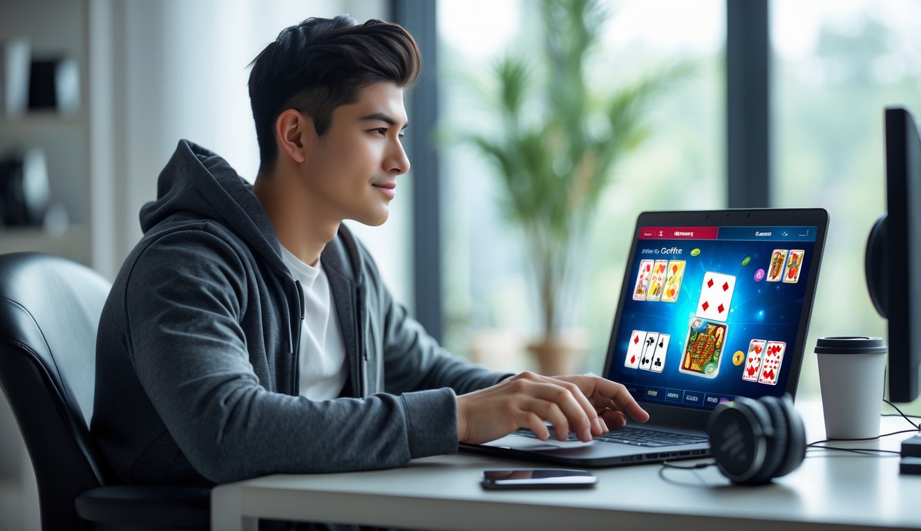 Seorang pria muda duduk di meja dengan laptop, fokus bermain permainan kartu online Capsa dengan suasana yang cerah dan modern.