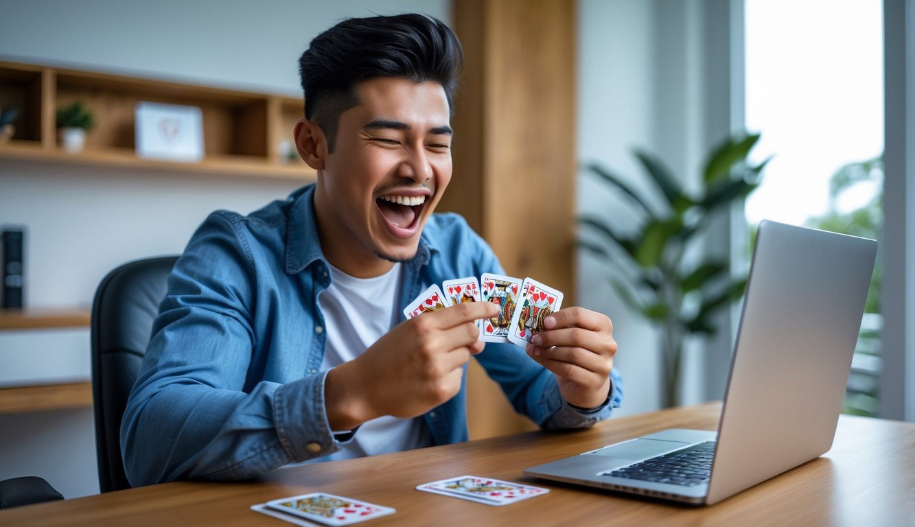 Seorang pria muda bermain judi capsa online di laptop dengan ekspresi senang, di meja kerja modern dengan ponsel menampilkan notifikasi transaksi berhasil.