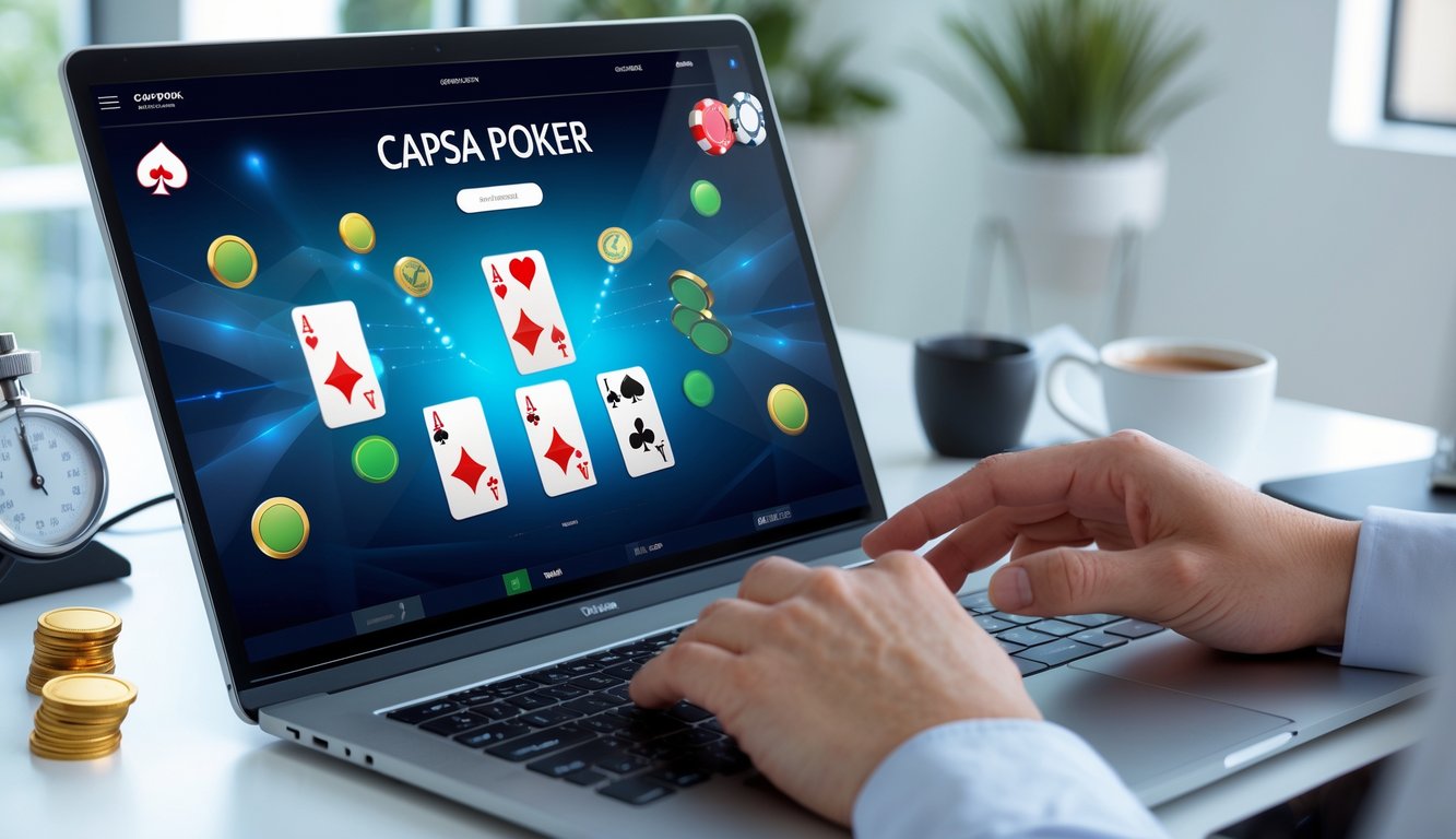 Seseorang bermain Capsa poker online di komputer dengan kartu dan chip terlihat, di ruang kerja yang terang dan rapi.