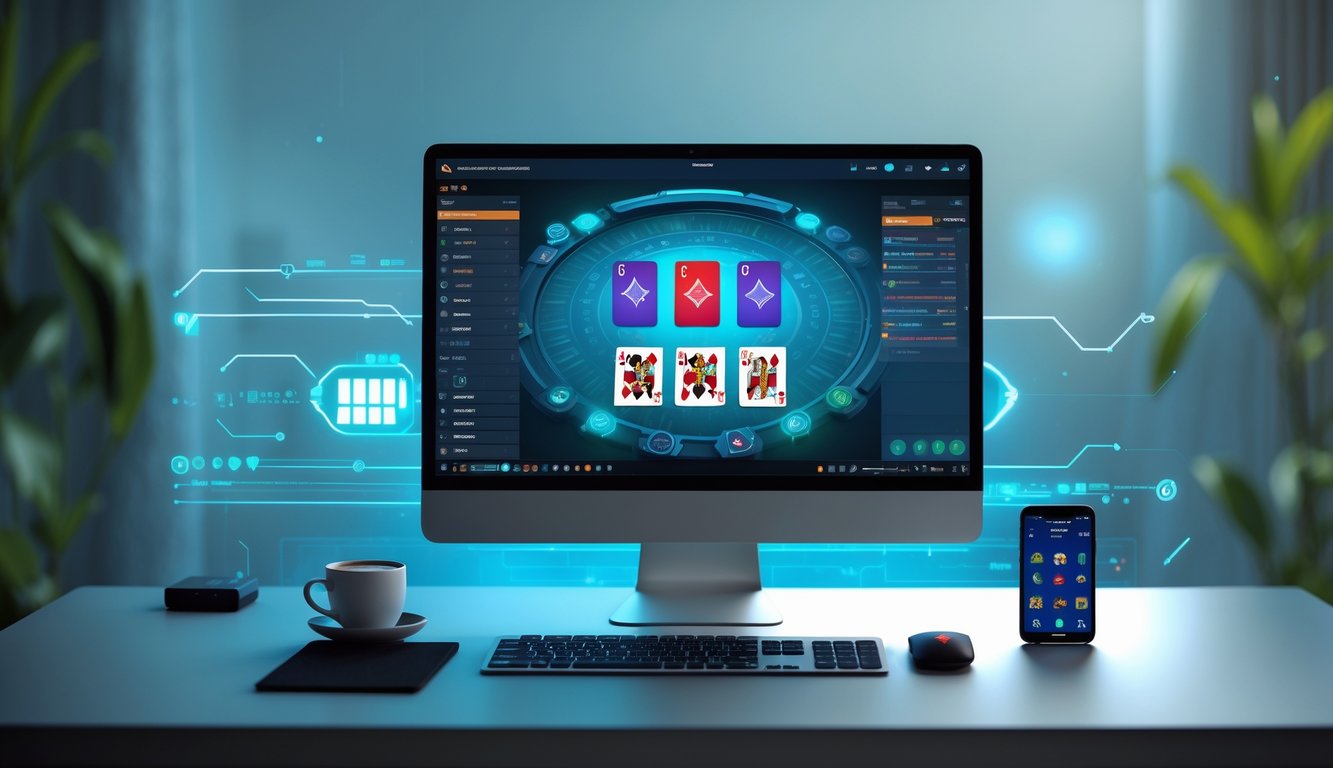 Sebuah meja kerja dengan komputer yang menampilkan permainan kartu online, dilengkapi dengan aksesori seperti keyboard, mouse, dan ponsel, dengan pencahayaan lembut di latar belakang.
