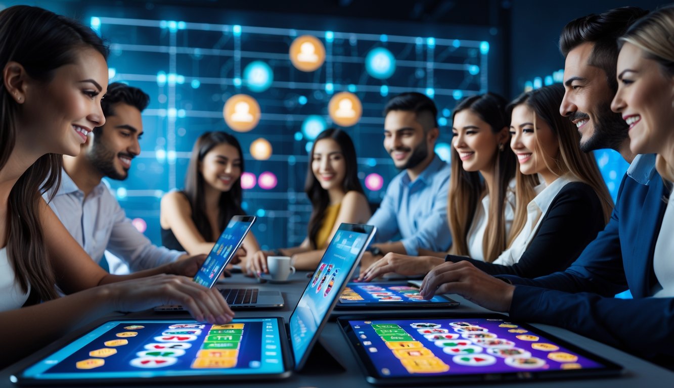 Beberapa orang muda bermain permainan kartu Capsa secara online menggunakan laptop dan tablet dalam suasana ruangan modern yang nyaman.