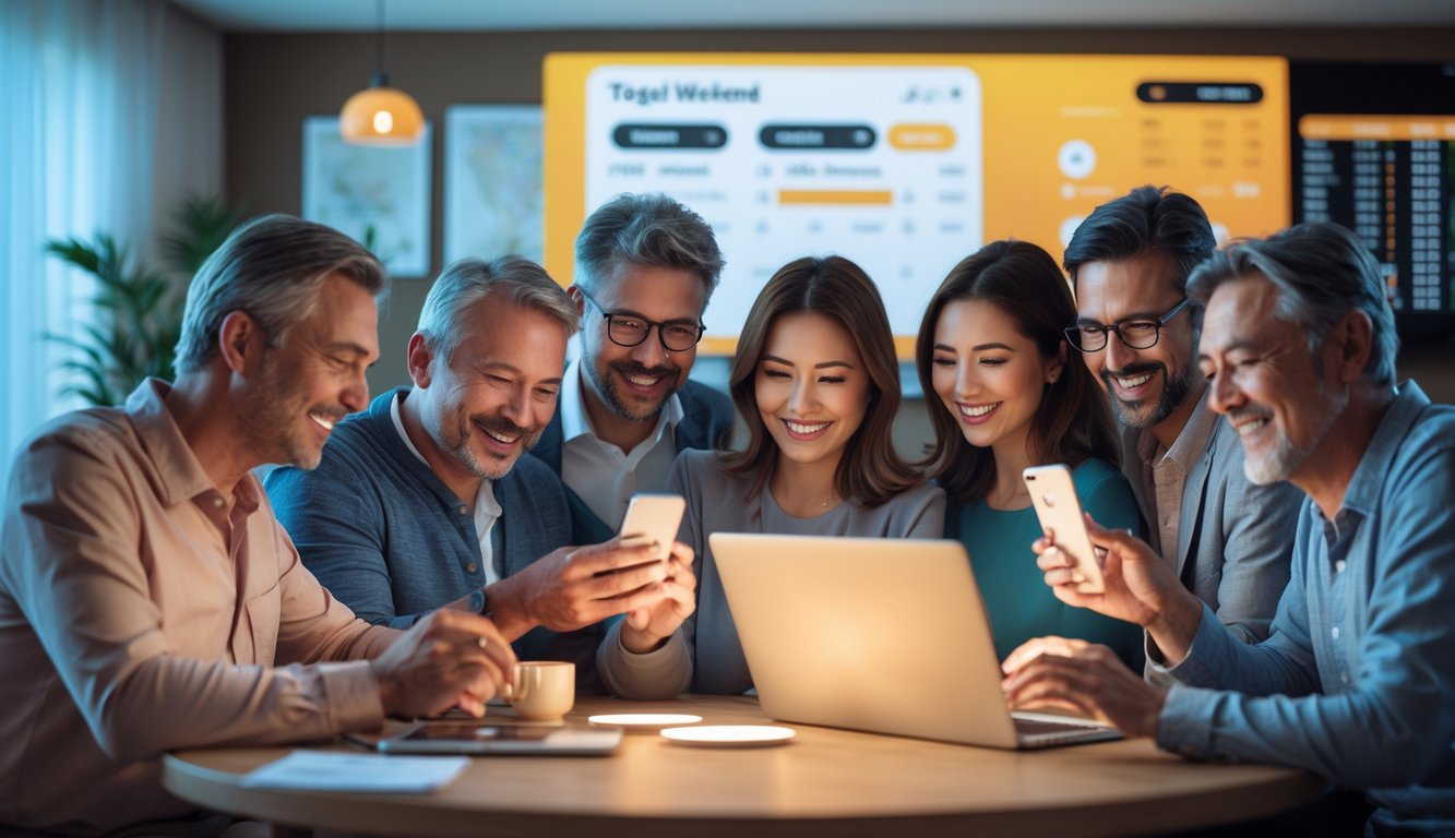 Sekelompok orang bahagia menggunakan perangkat digital di rumah, dengan latar belakang layar yang menunjukkan angka dan grafik lotere.