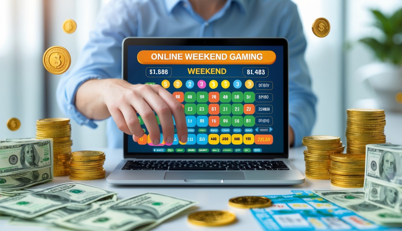 Seseorang menggunakan laptop dengan layar menampilkan angka lotre dan uang di sekitar meja kerja.