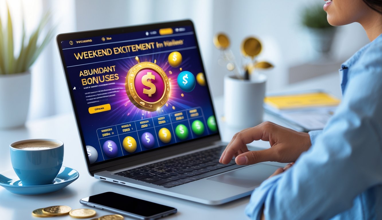 Seseorang menggunakan laptop di meja kerja dengan tampilan situs togel online yang penuh warna, dikelilingi oleh koin dan bola togel, mencerminkan suasana kemenangan dan bonus akhir pekan.