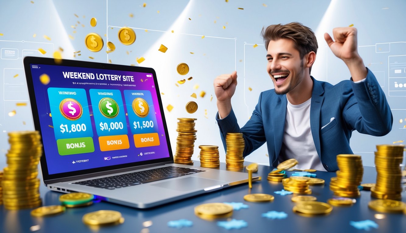 Seseorang yang bahagia duduk di depan laptop dengan tampilan situs togel online, dikelilingi oleh tumpukan uang dan koin emas.