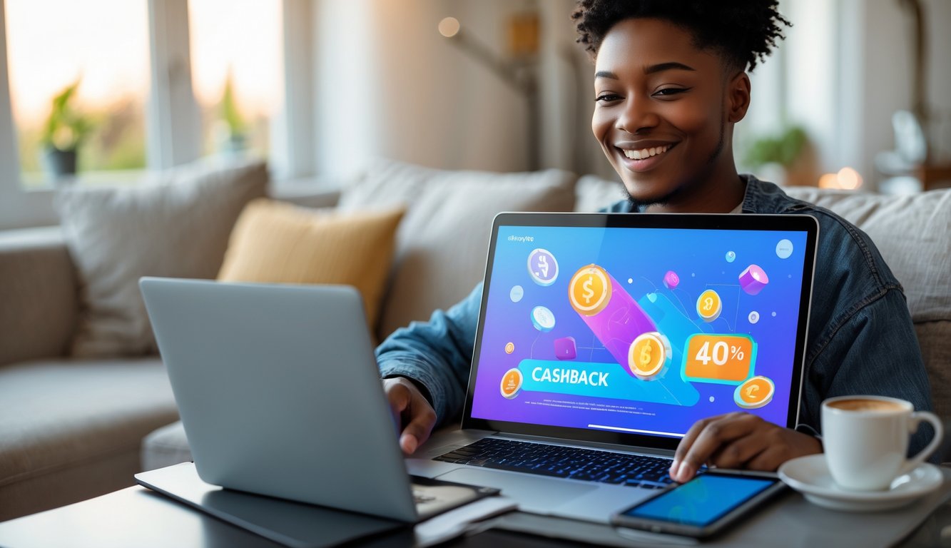 Seorang dewasa muda duduk di ruang tamu yang nyaman menggunakan laptop dengan ekspresi senang dan percaya diri.