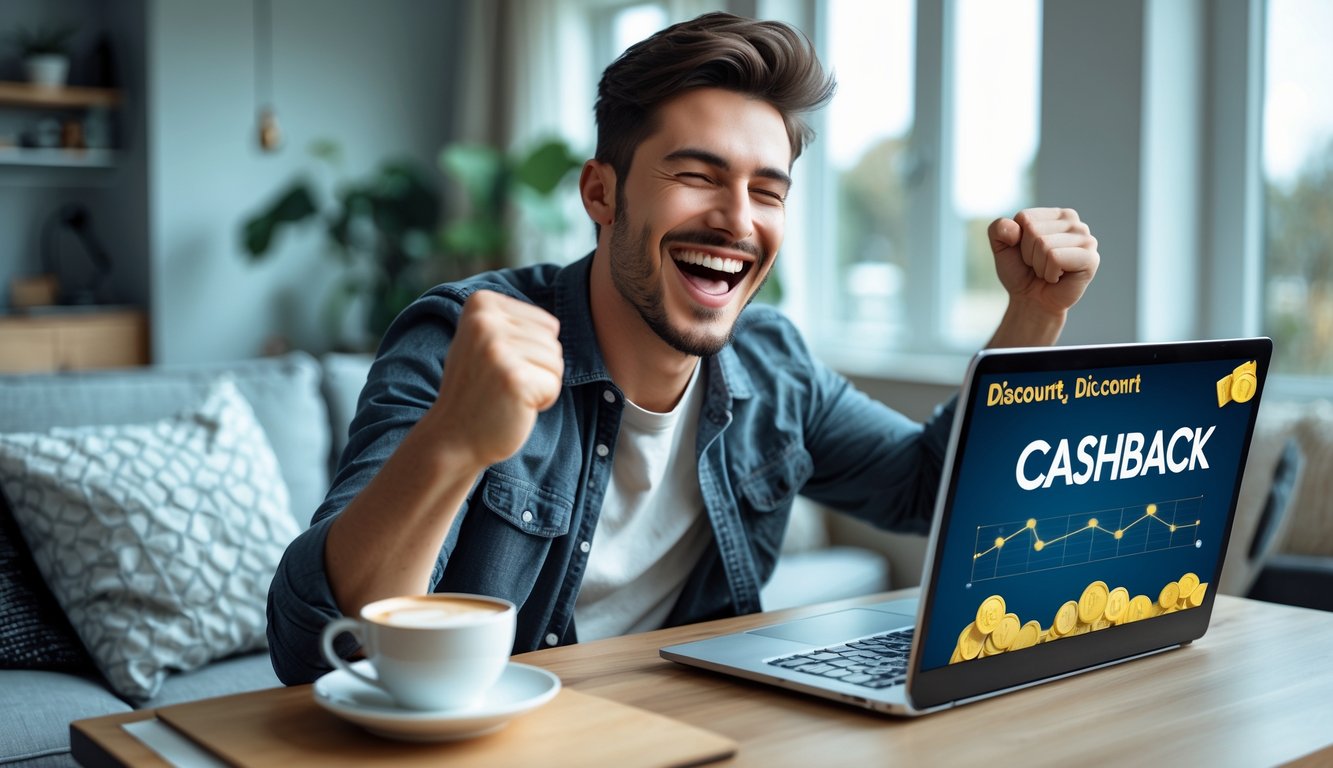 Seorang pria muda tersenyum gembira sambil menggunakan laptop di ruang tamu modern dengan pencahayaan alami, menunjukkan suasana kemenangan dan kegembiraan bermain togel online di akhir pekan.