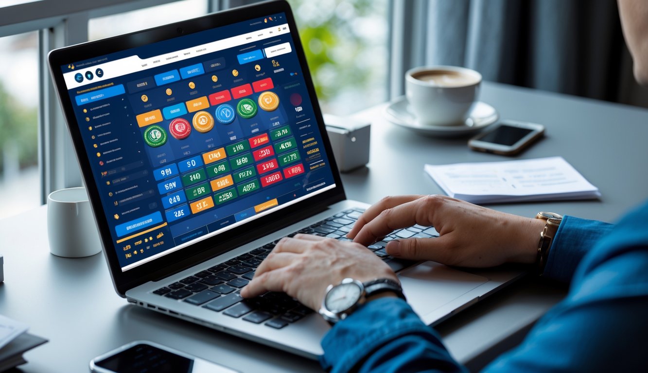 Seseorang sedang menggunakan laptop di meja kerja dengan layar menampilkan aktivitas togel online, dikelilingi oleh kopi dan ponsel.