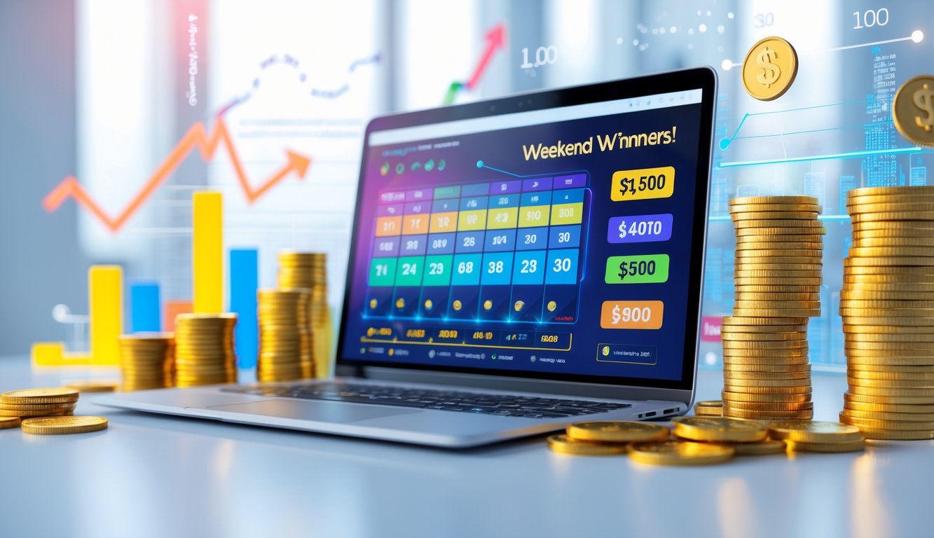 Seseorang menggunakan laptop atau ponsel dengan tampilan antarmuka lotere online, dikelilingi oleh tumpukan uang dan grafik yang menunjukkan hasil cepat dan akurat.