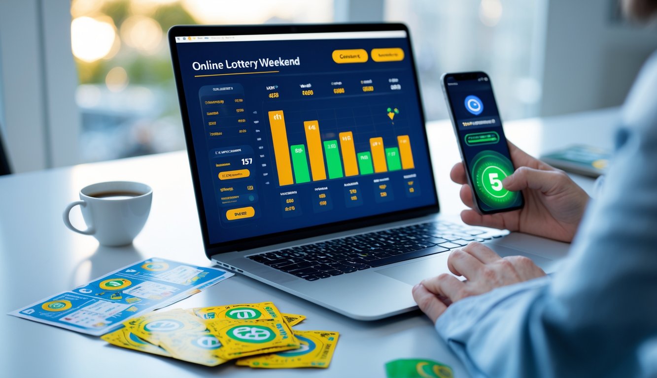 Seseorang sedang menggunakan laptop dan smartphone di meja kerja dengan tiket lotre dan secangkir kopi, menampilkan hasil lotre online yang cepat dan akurat.