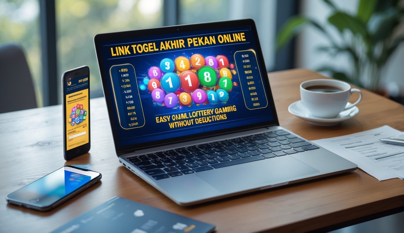 Meja kerja dengan laptop dan ponsel yang menampilkan antarmuka permainan togel online, dengan secangkir kopi dan dokumen di sekitar.