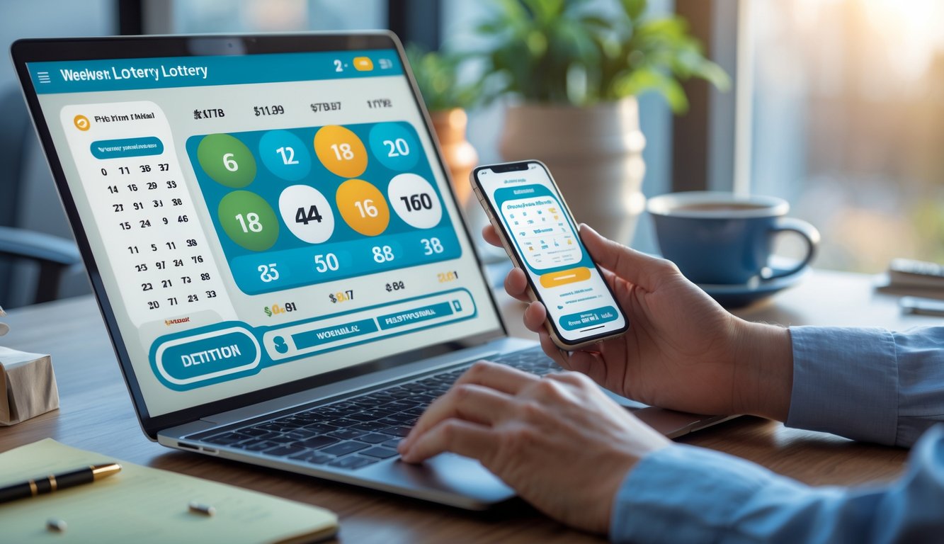 Seseorang menggunakan laptop dan ponsel di meja kerja dengan tampilan aplikasi togel online, diiringi cangkir kopi dan alat tulis.