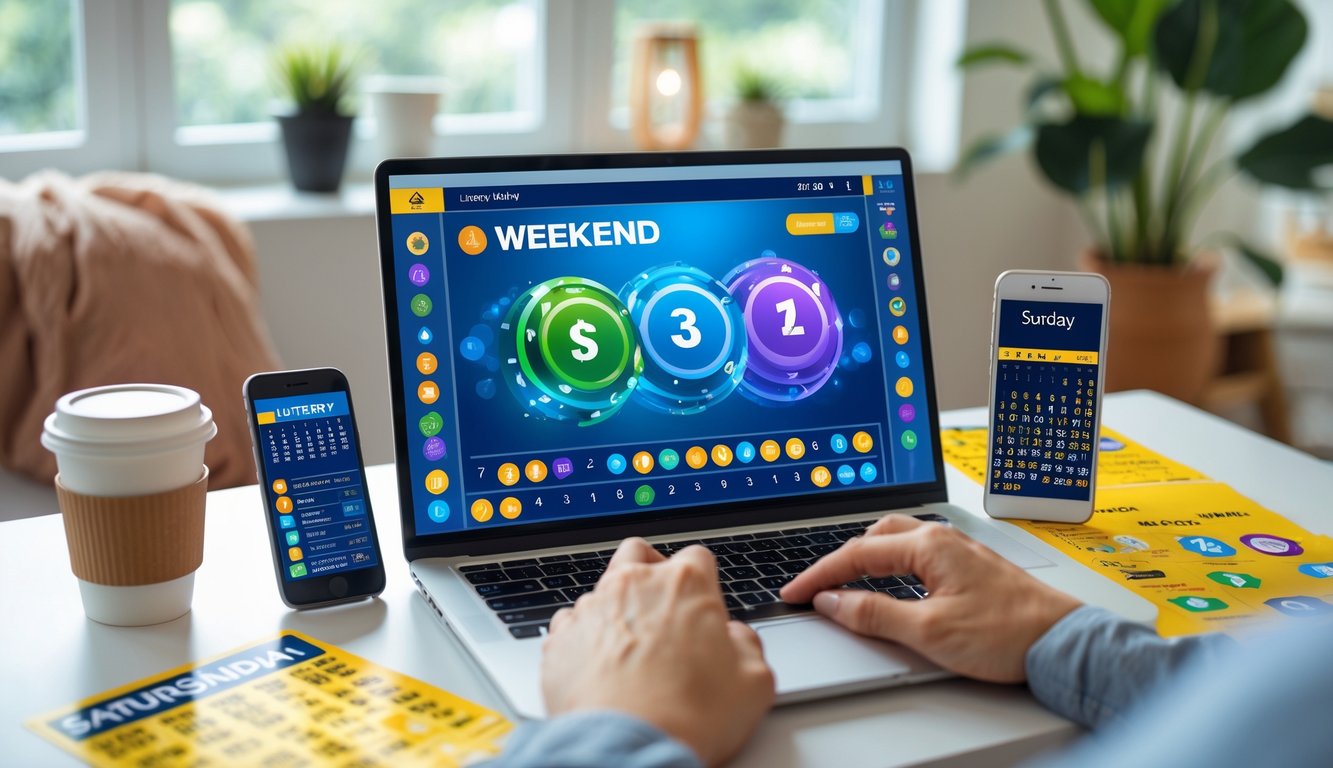 Seorang pria menggunakan laptop di meja kerja dengan kopi dan ponsel, suasana santai di rumah pada akhir pekan.