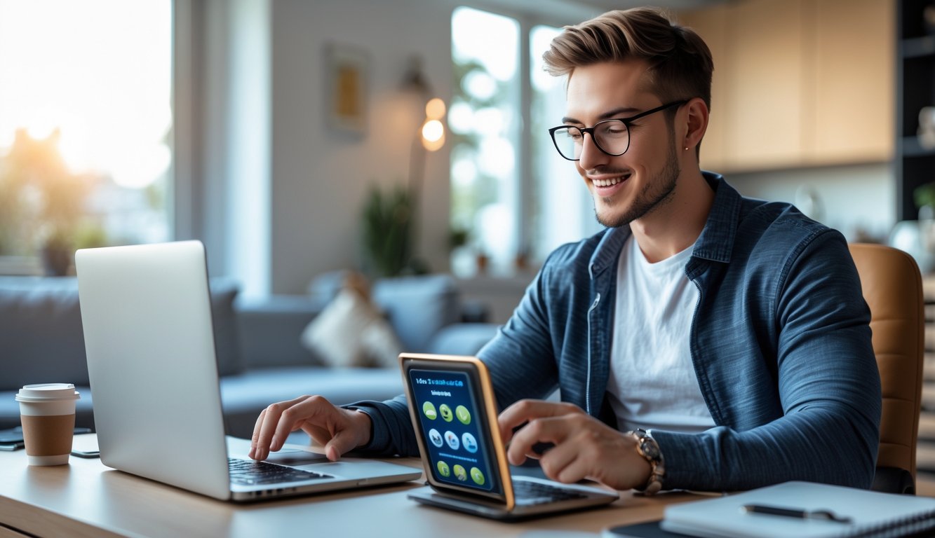 Seorang pria muda duduk di meja kerja dengan laptop dan ponsel, menggunakan layanan togel online di ruang tamu yang nyaman.