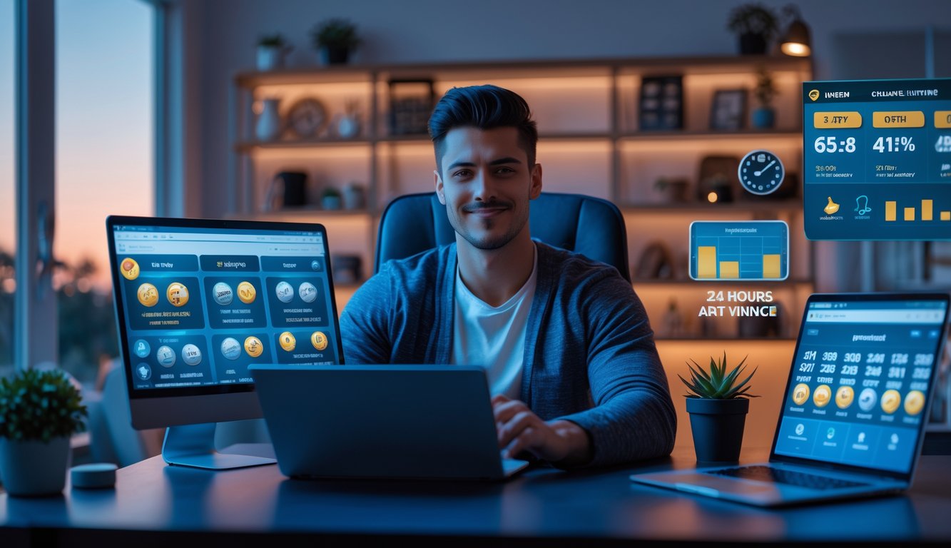 Seorang pria muda duduk di meja dengan laptop dan ponsel yang menampilkan tampilan taruhan online, di ruang kerja rumah dengan pencahayaan hangat dan jam yang menunjukkan waktu malam.