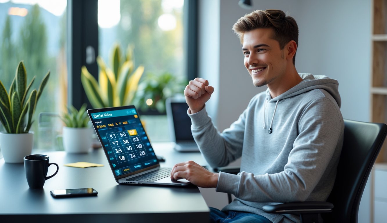 Seseorang duduk di meja kerja dengan laptop terbuka menampilkan platform permainan online, tampak fokus dan senang di ruang kerja yang nyaman dengan cahaya alami.