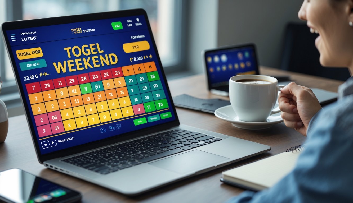 Seseorang menggunakan laptop di meja kerja dengan tampilan angka dan grafik, menunjukkan aktivitas bermain togel online dengan suasana ceria dan fokus.