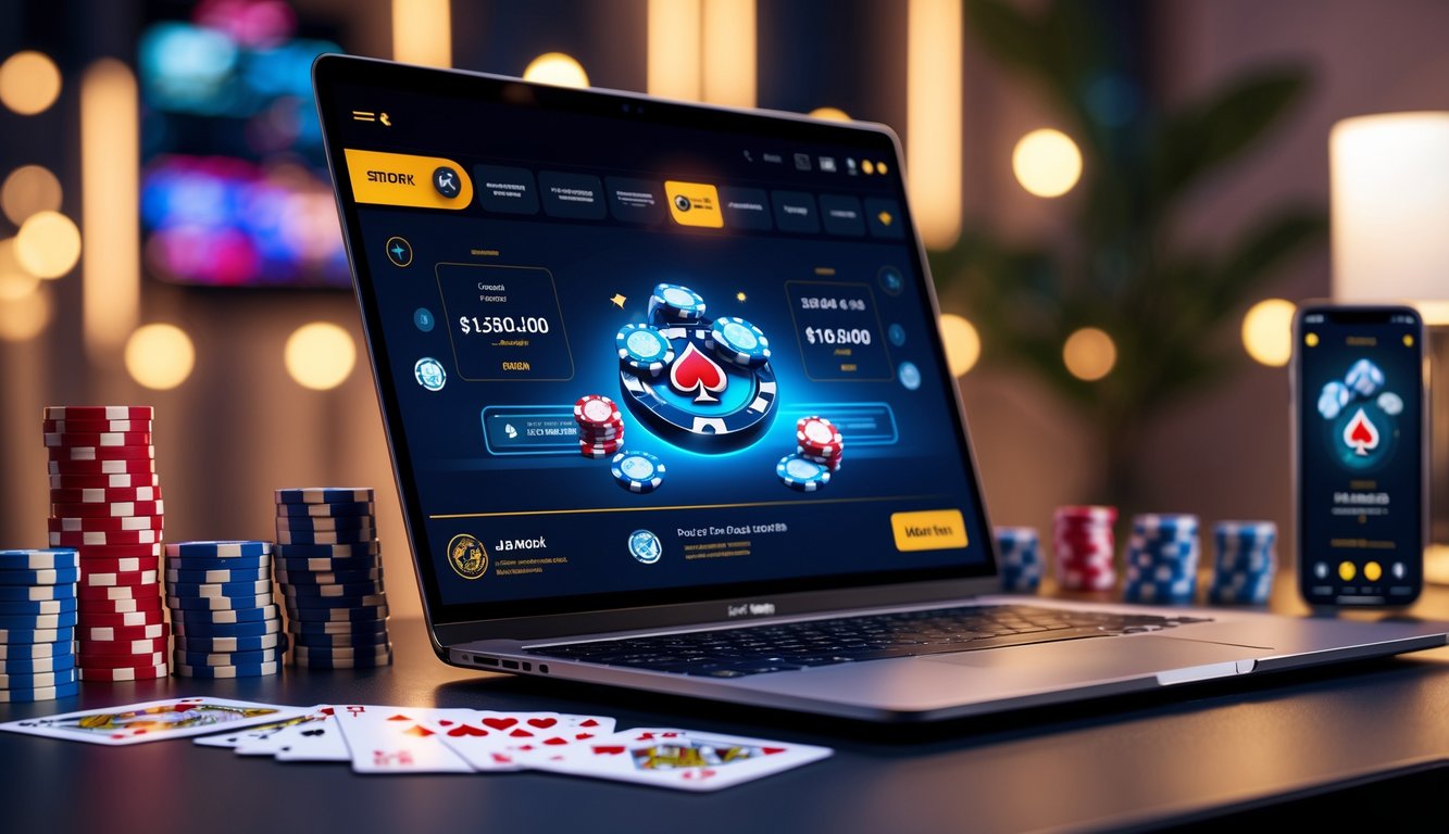 Seorang pemain poker online menggunakan laptop dengan chip dan kartu poker di meja, menunjukkan suasana permainan yang fokus dan profesional.