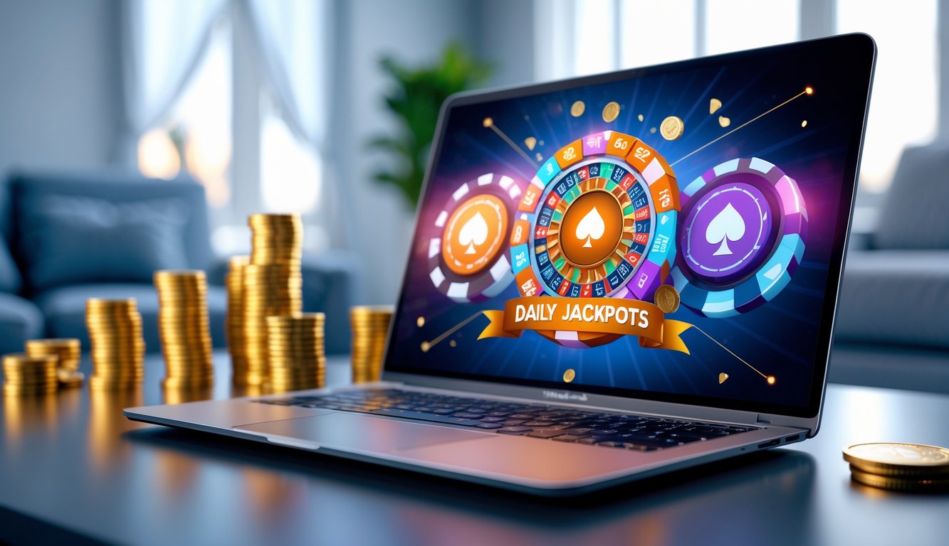 Seseorang bermain poker online di komputer dengan tumpukan chip dan kartu, menunjukkan suasana kemenangan dan jackpot harian yang melimpah.