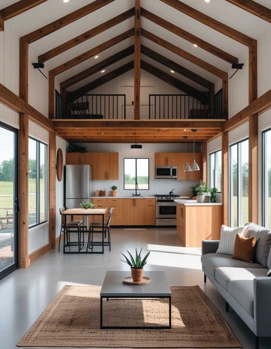 Interior of a small barndominium showing an open living area connected to a kitchen with wooden beams and natural light.
