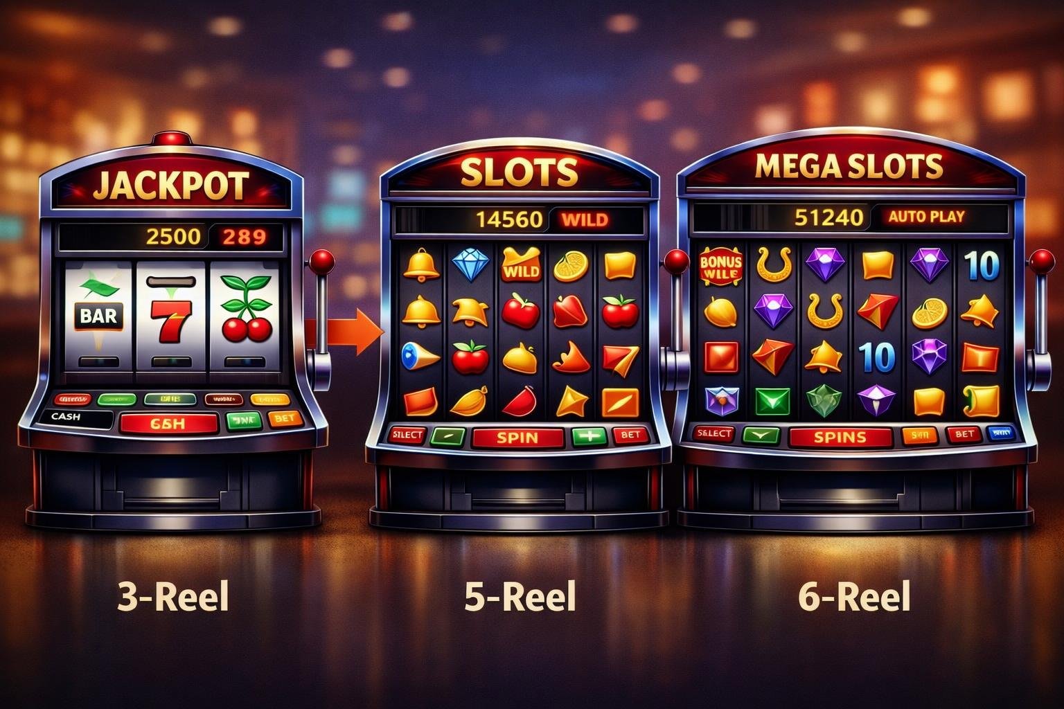 Three Slot Machines Side By Side Showing Differences In The Number Of Reels: One With Three Reels, One With Five Reels, And One With Six Reels, Each With Colorful Symbols And Casino Elements.