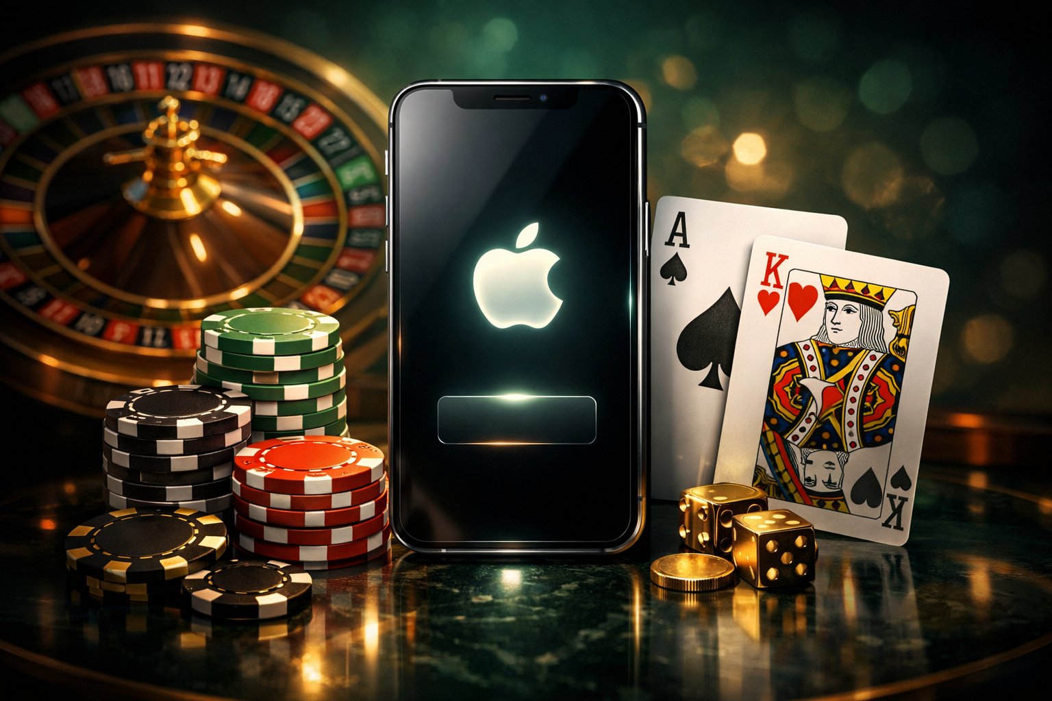 A Smartphone Displaying The Apple Pay Interface Surrounded By Poker Chips, Playing Cards, And A Roulette Wheel On A Polished Dark Surface.