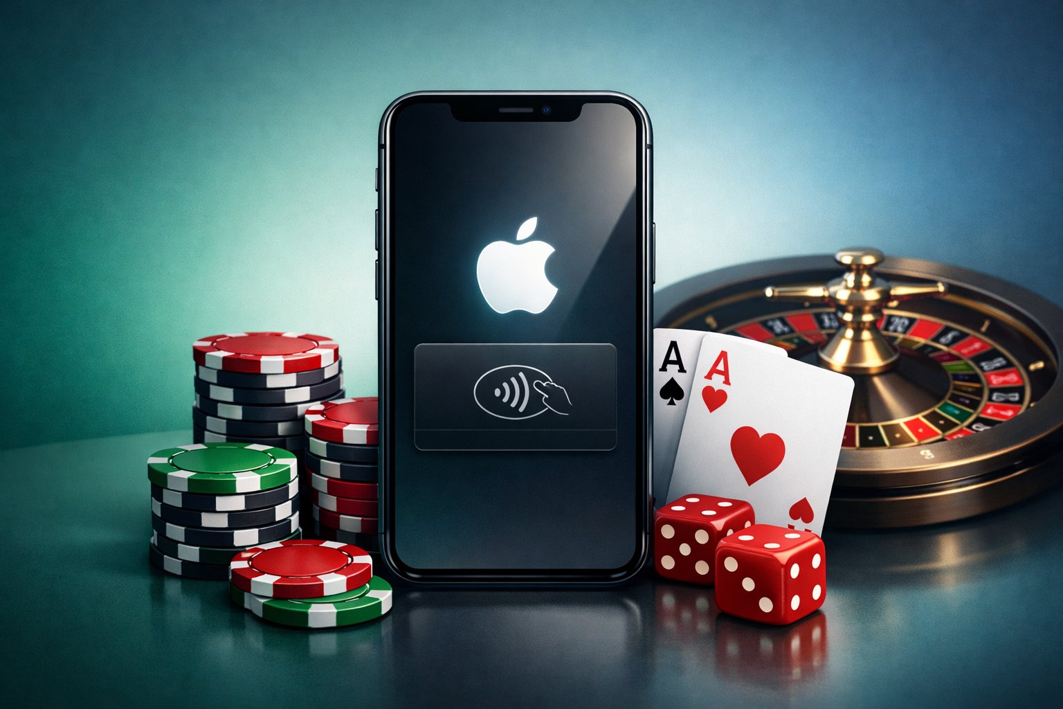 A Smartphone Showing The Apple Pay Interface Surrounded By Poker Chips, Playing Cards, And A Roulette Wheel Representing Casino Payments.