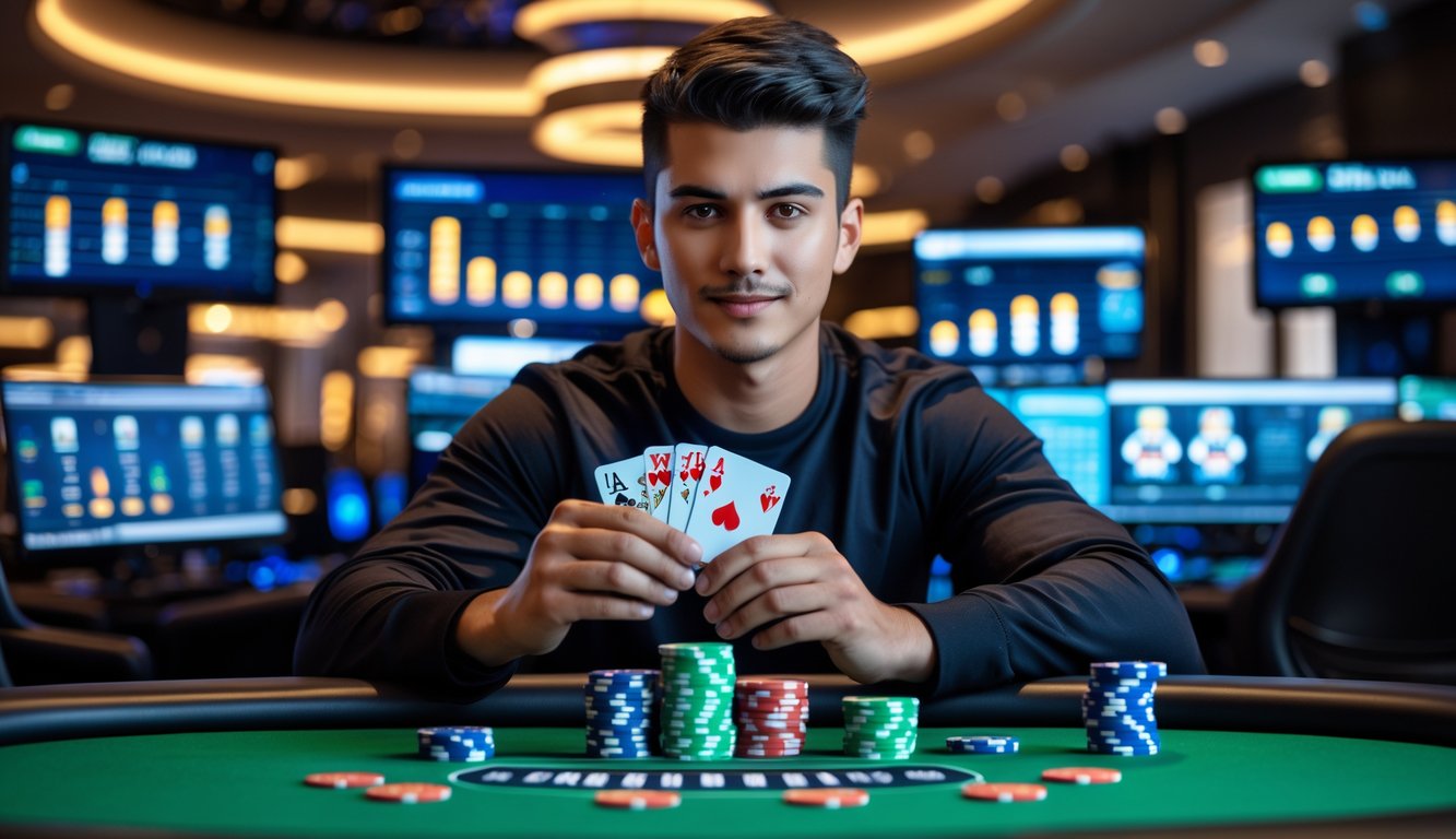 Seorang pria muda duduk di meja poker modern dengan kartu dan tumpukan chip, fokus bermain poker online dengan layar komputer di latar belakang.