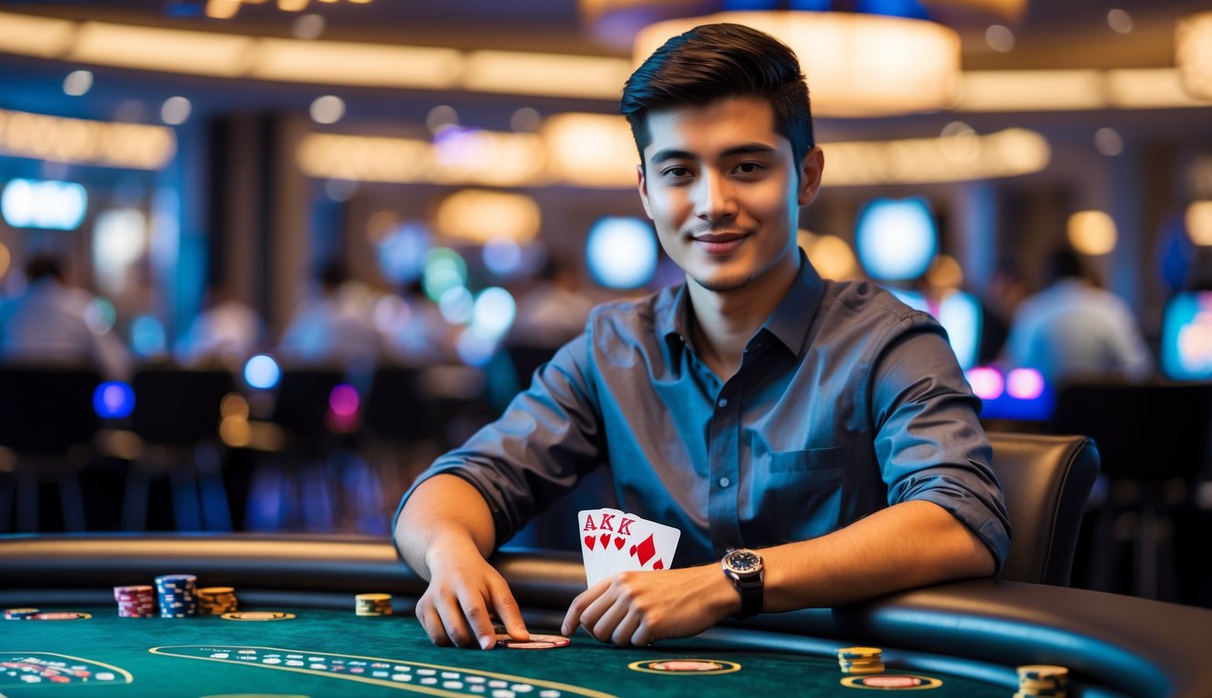 Seorang pria muda duduk di meja poker dengan kartu dan chip, terlihat fokus dan percaya diri di kasino modern.
