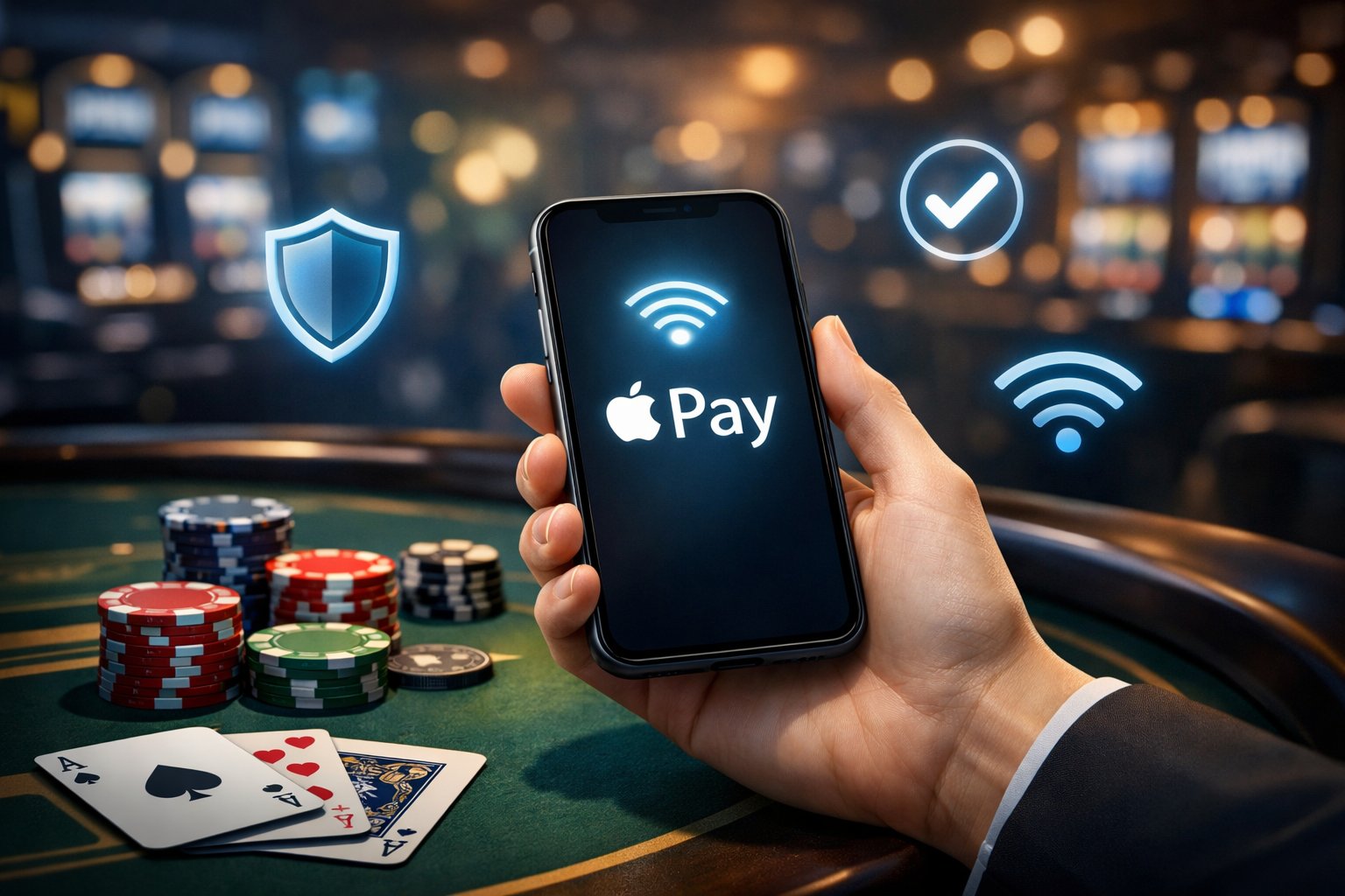 A Hand Holding A Smartphone With The Apple Pay Logo Near A Casino Table With Chips And Cards, Representing Digital Payment In A Casino Setting.
