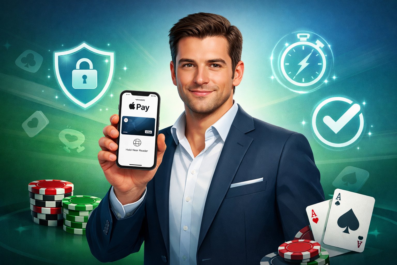 A Player Holding A Smartphone Showing Apple Pay Surrounded By Icons Representing Security, Speed, And Convenience With Casino Elements In The Background.
