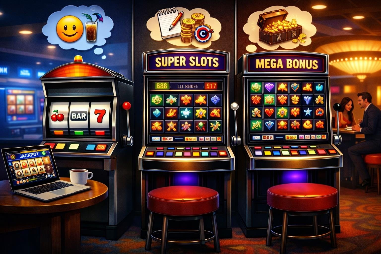 Three Different Slot Machines Side By Side With A Laptop Showing Online Slots On One Side And A Lively Casino Scene On The Other, Illustrating Various Slot Types And Player Preferences.