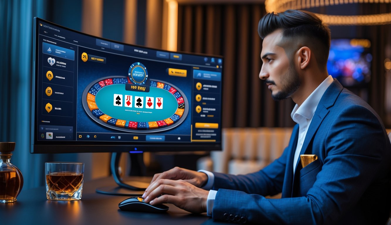 Seorang pria berpakaian rapi sedang bermain poker online di depan komputer dengan suasana mewah dan pencahayaan hangat.