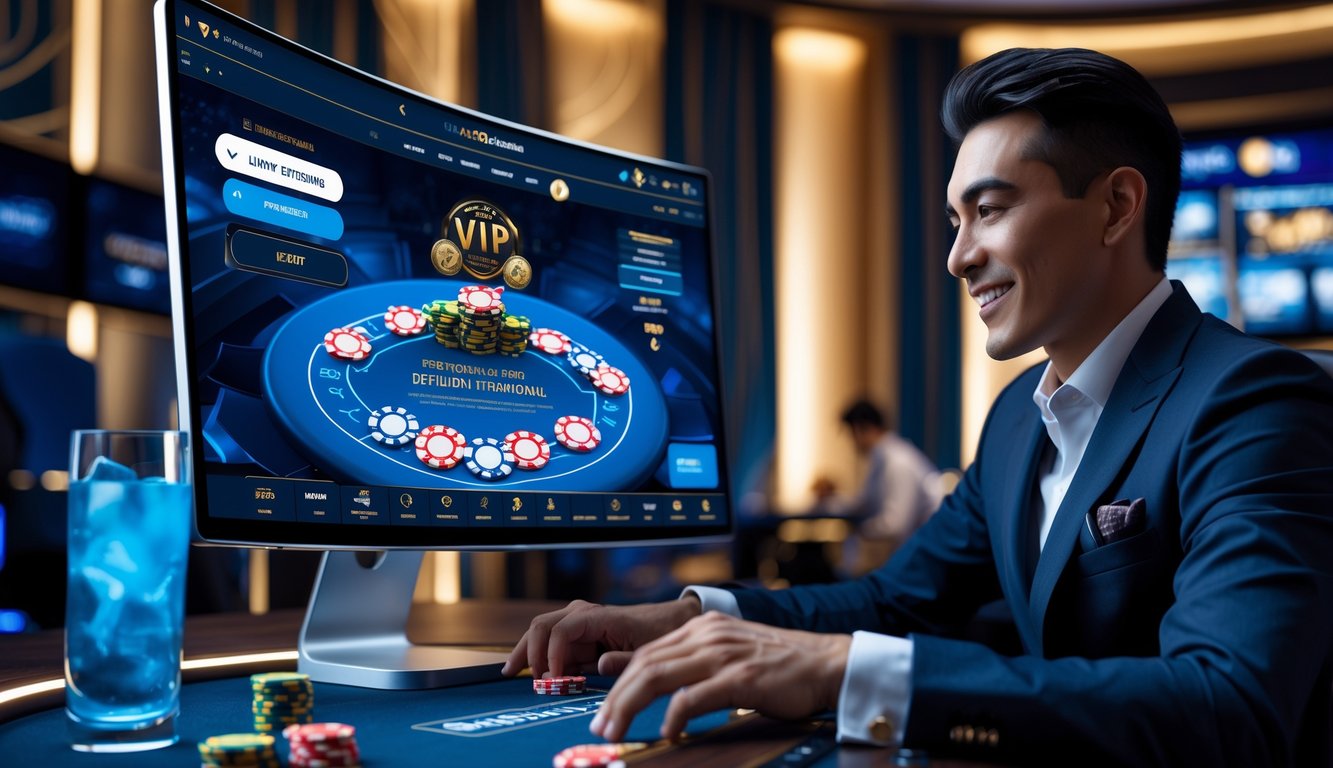 Seorang pemain poker profesional yang fokus bermain di depan komputer dengan suasana ruang permainan mewah dan lampu biru keemasan.