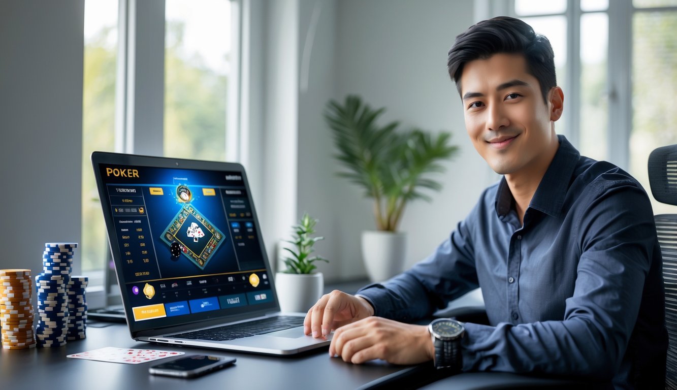 Seorang pria muda duduk di meja dengan laptop menampilkan permainan poker, di meja terdapat tumpukan chip dan kartu remi, suasana kantor rumah yang rapi dan terang.