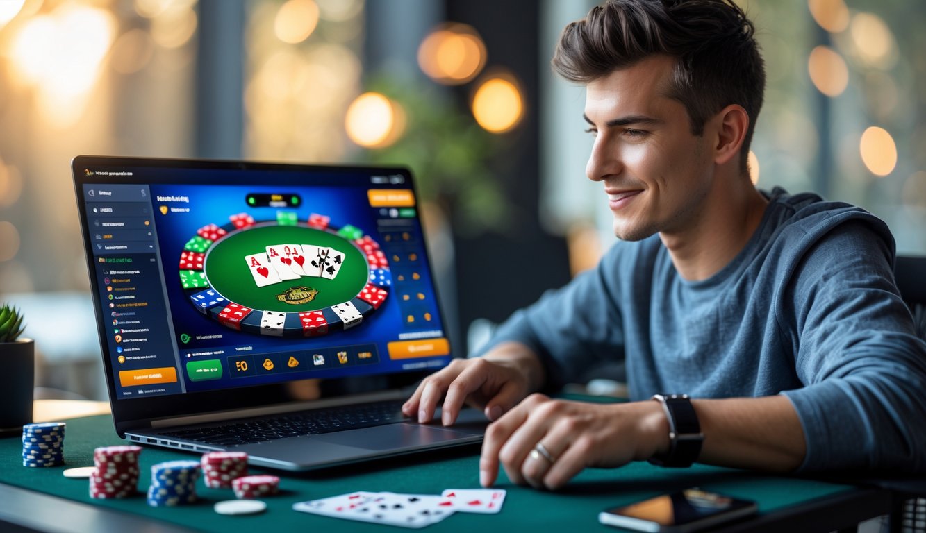Seorang pria muda duduk di depan laptop yang menampilkan permainan poker online dengan kartu dan chip poker di meja.