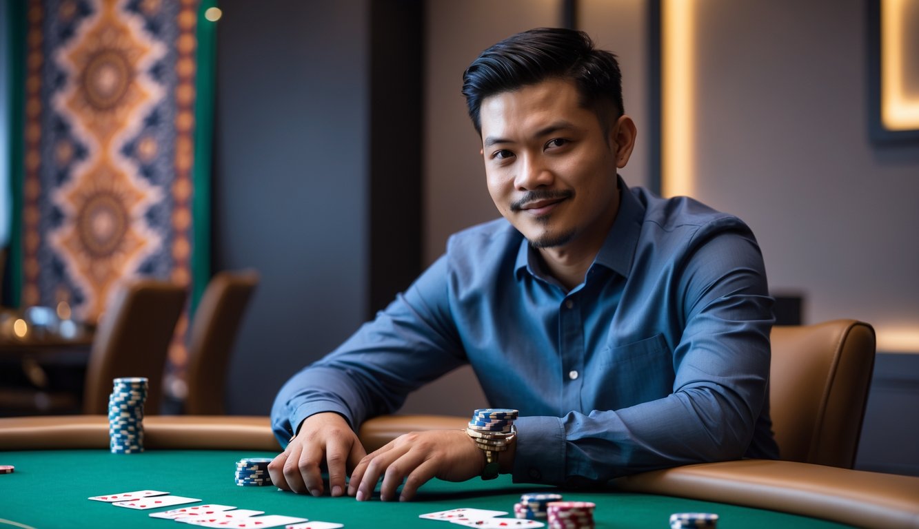 Seorang pria Indonesia duduk di meja poker dengan kartu dan chip, terlihat fokus dan percaya diri.