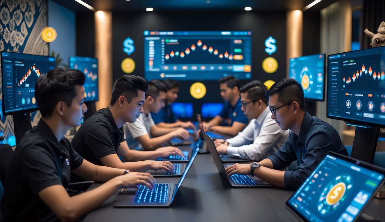 Beberapa orang muda sedang bermain poker online di ruang kerja modern dengan beberapa layar komputer dan suasana yang menunjukkan kesuksesan dan kegembiraan.