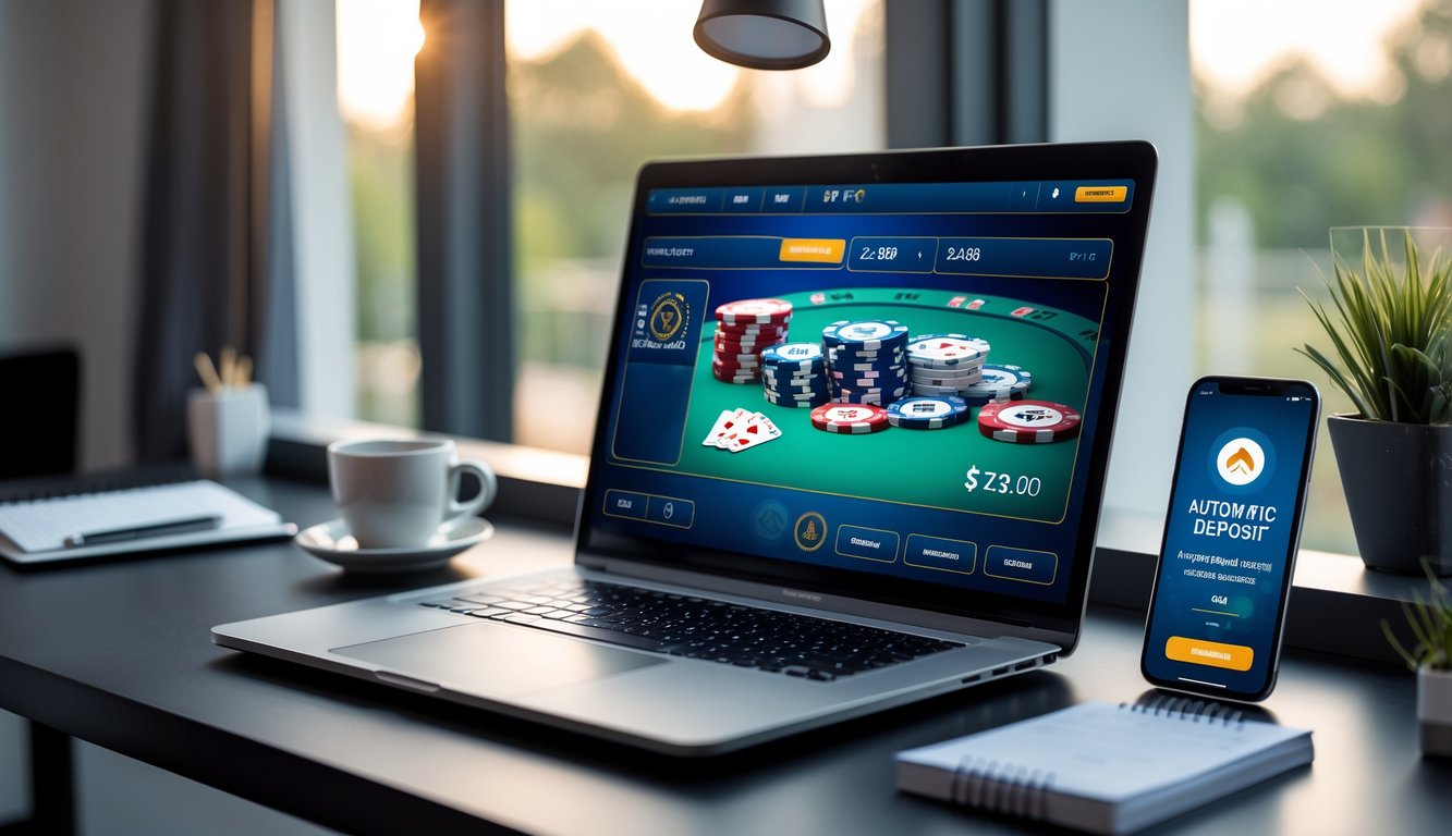 Seorang pemain poker online menggunakan laptop dan ponsel di meja kerja yang rapi dengan tampilan permainan poker dan sistem deposit otomatis.