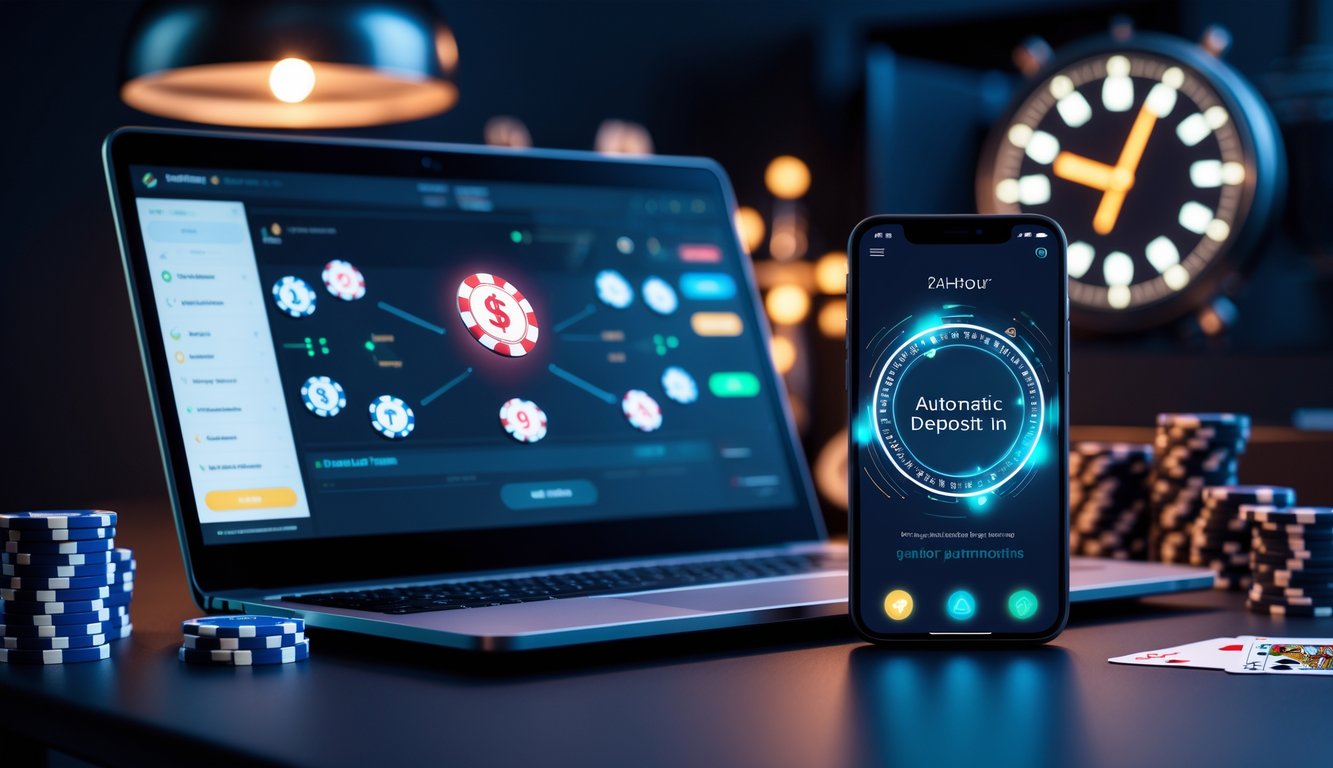 Seorang pemain poker online menggunakan laptop dan ponsel untuk melakukan deposit otomatis 24 jam dalam suasana yang modern dan profesional.