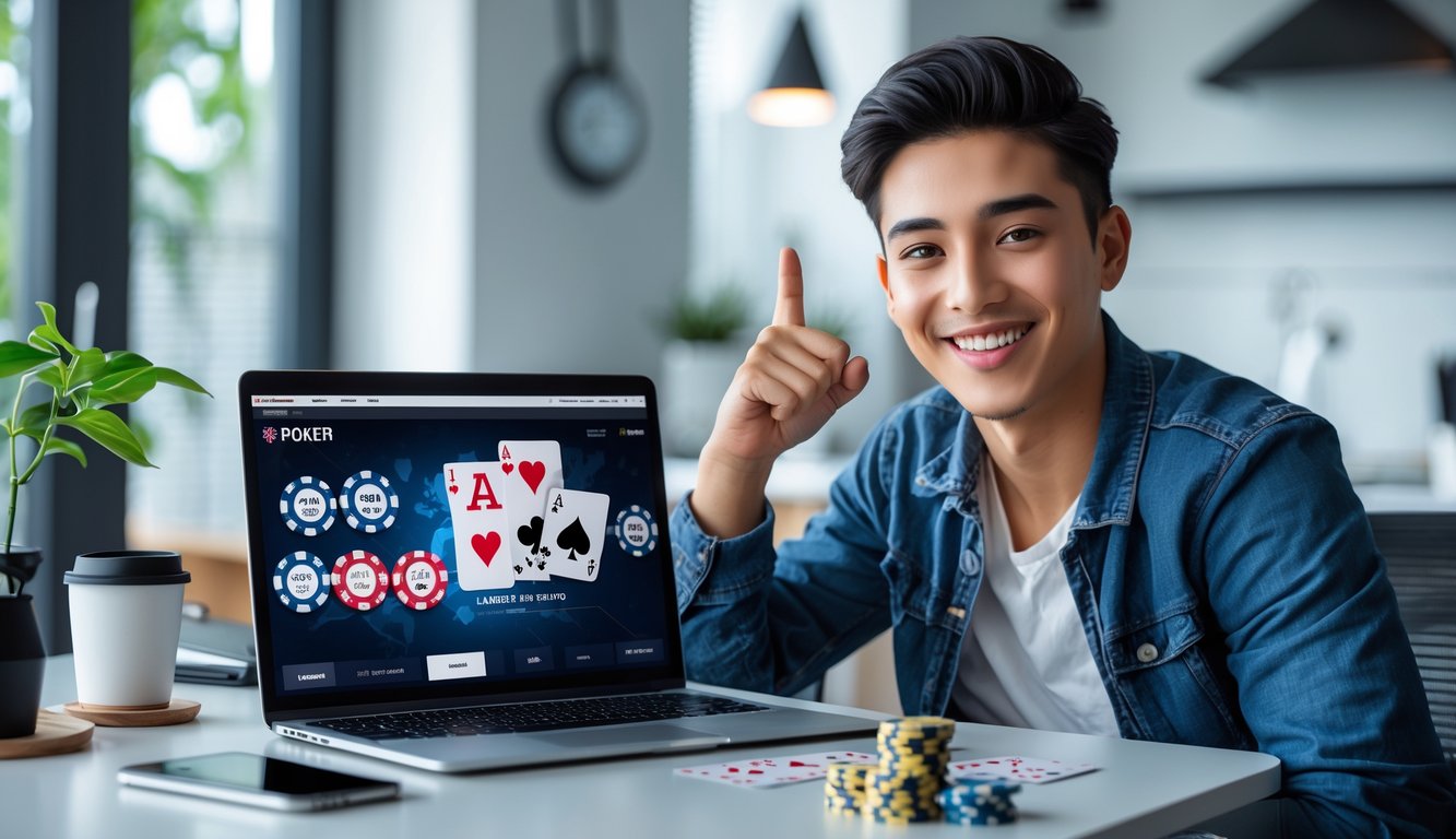 Seorang dewasa muda tersenyum duduk di depan laptop dengan permainan poker online, di meja terdapat chip poker dan kartu remi.